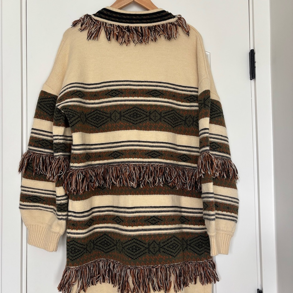 Saints & Hearts Southwestern Fringe Brown Cream Cardigan Duster Boho Aztec M/L - Picture 3 of 9
